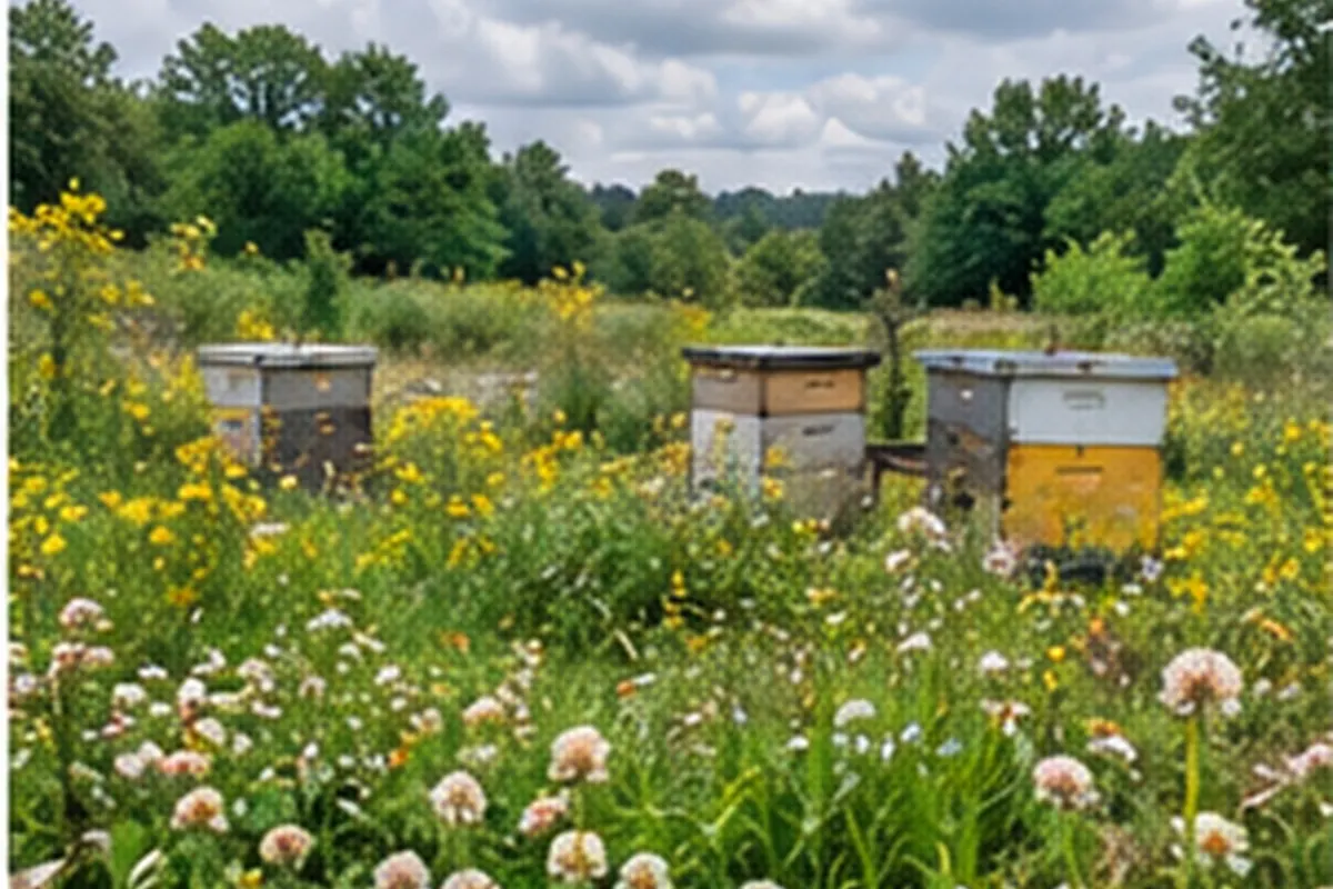 Beehives in a summer meadow of white clover and yellow wildflowers